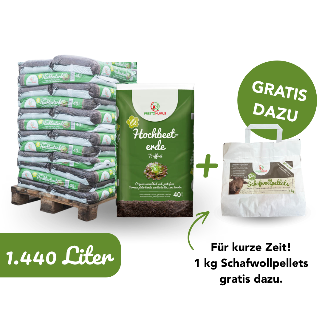 Bio-Hochbeeterde, torffrei, 1.440 l + Schafwollpellets gratis